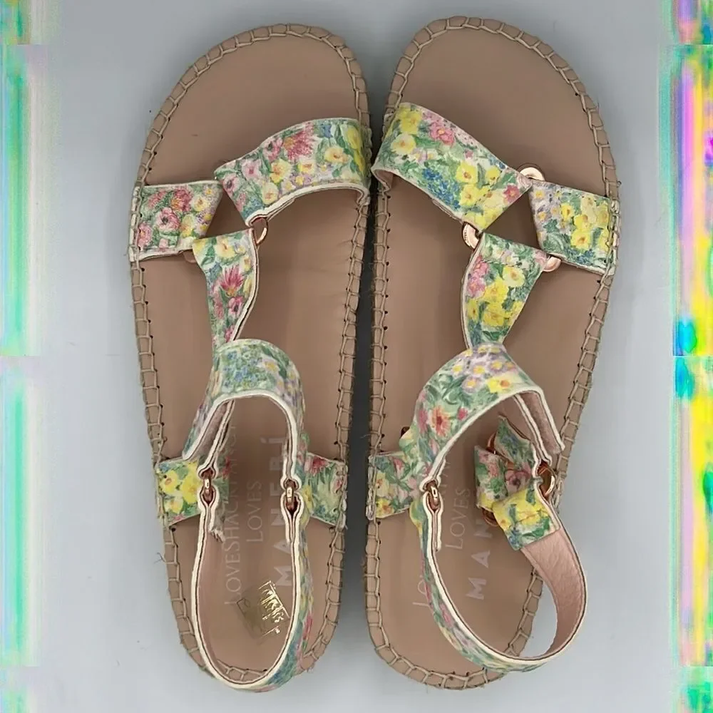 NWT Loveshackfancy X Manebi Floral Leather Espadrille Sport Sandals Size 39/US 8